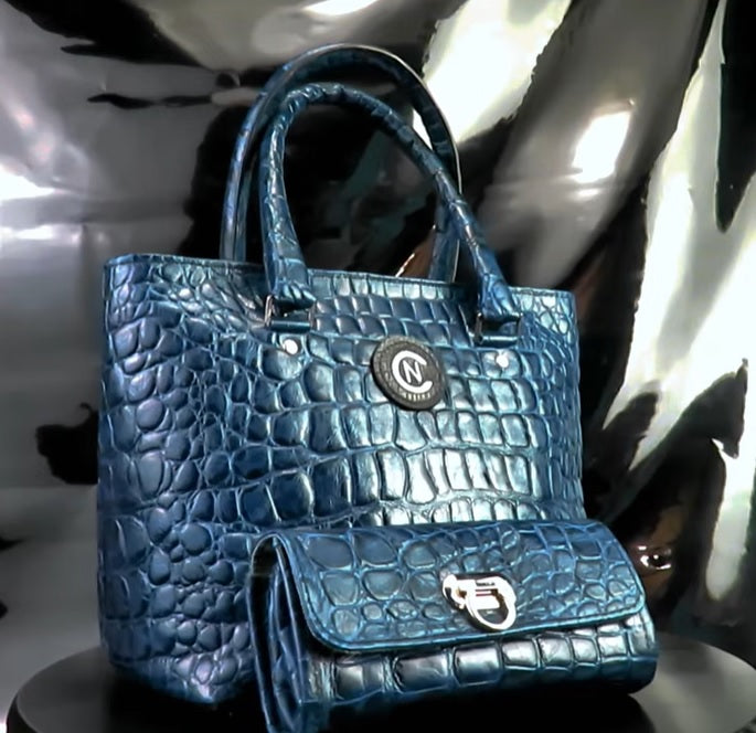 Luxury Leather Blue Embossed Gator Satchel & Wallet